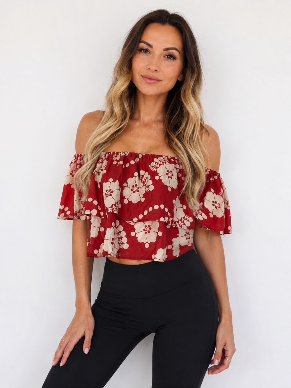 Bare Shoulder Red Floral Ruffle Crop Top - Women